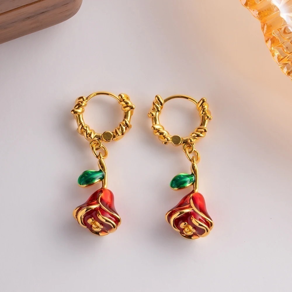 18K Gold Plated Enamel Red Rose Earrings